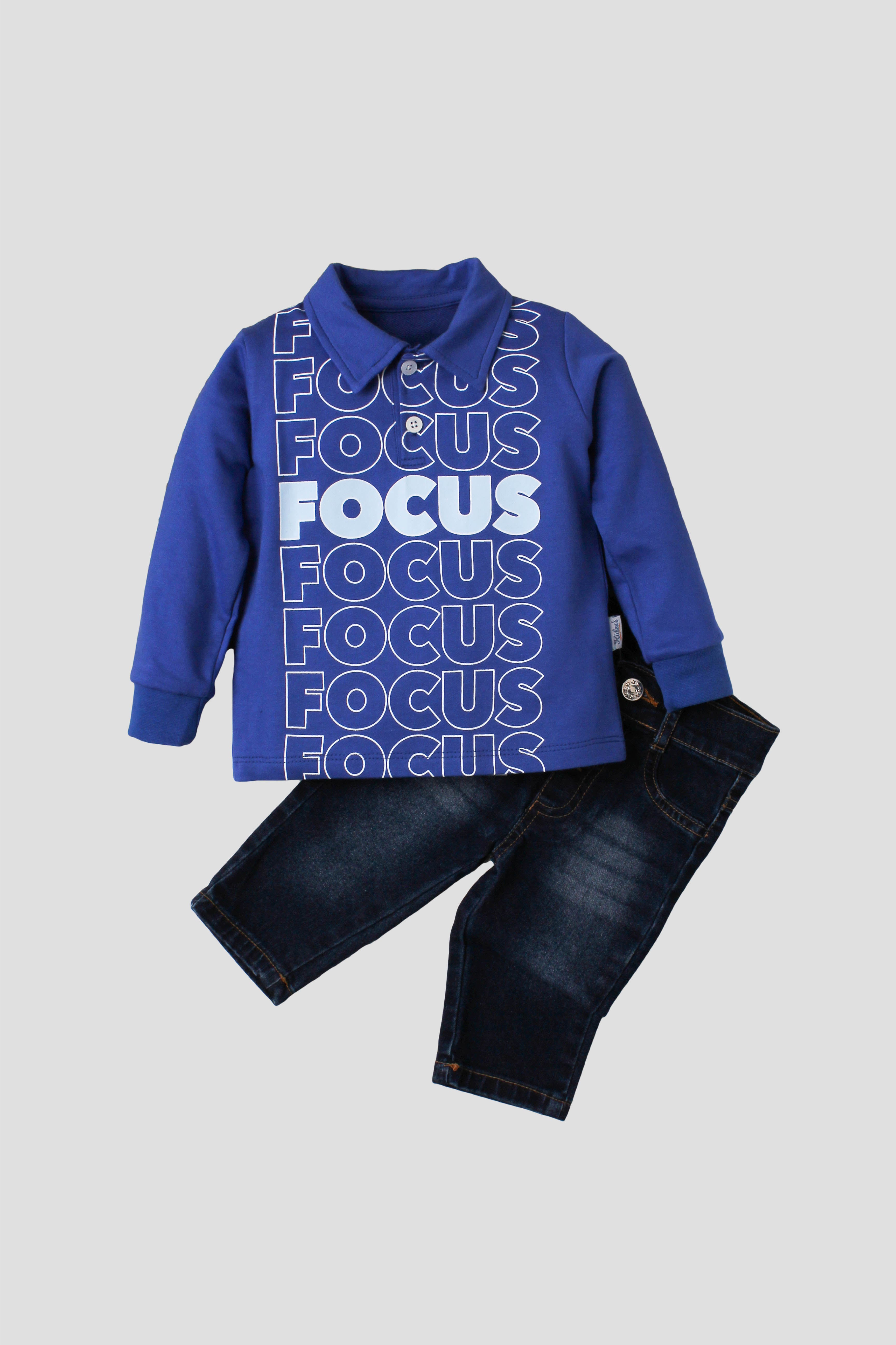 Erkek Bebek Focus Baskılı Polo Yaka Sweatshirtlü Kot Pantolonlu 2'li Takım 9 24 Ay